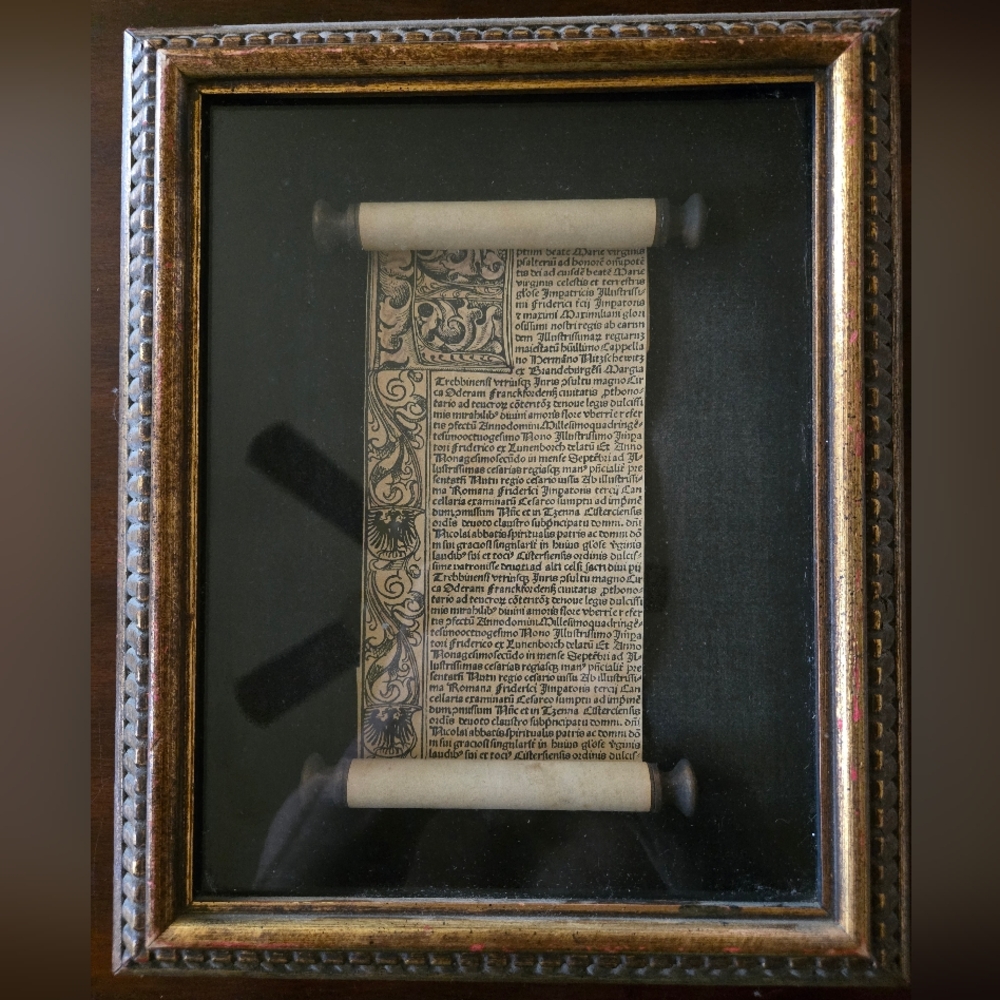 Antiquated Roman Catholic Scroll in Latin framed in Gilt Wooden Shadowbox